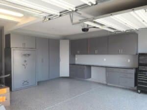 Garage with safe and cabinets